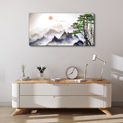 Bild auf leinwand Berge und Vögel im Morgenlicht