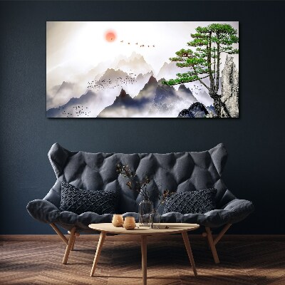 Bild auf leinwand Berge Nebel Sonnenbaum