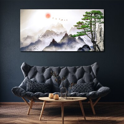 Bild auf leinwand Berge und Vögel im Morgenlicht