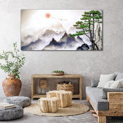 Bild auf leinwand Berge und Vögel im Morgenlicht