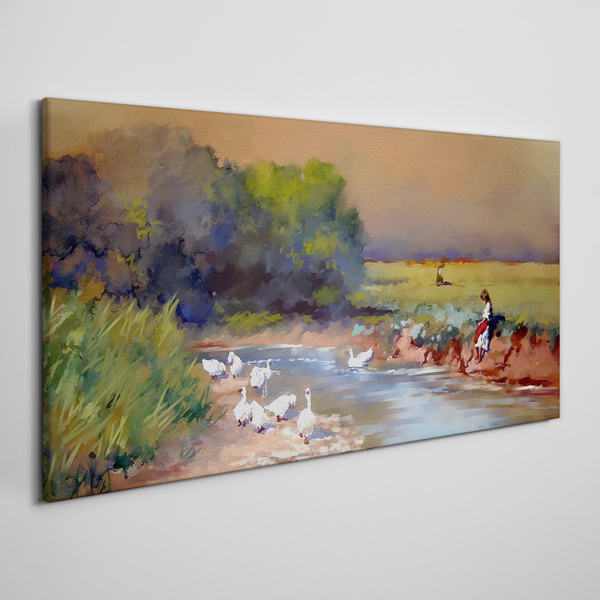 Foto auf leinwand Eine friedliche Landschaft mit Enten am Fluss