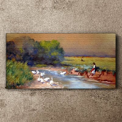 Foto auf leinwand Eine friedliche Landschaft mit Enten am Fluss