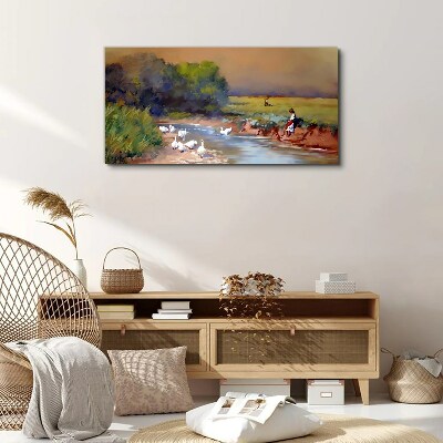 Foto auf leinwand Eine friedliche Landschaft mit Enten am Fluss
