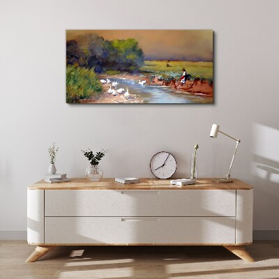 Foto auf leinwand Eine friedliche Landschaft mit Enten am Fluss