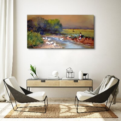 Foto auf leinwand Eine friedliche Landschaft mit Enten am Fluss