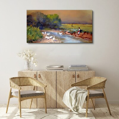 Foto auf leinwand Eine friedliche Landschaft mit Enten am Fluss
