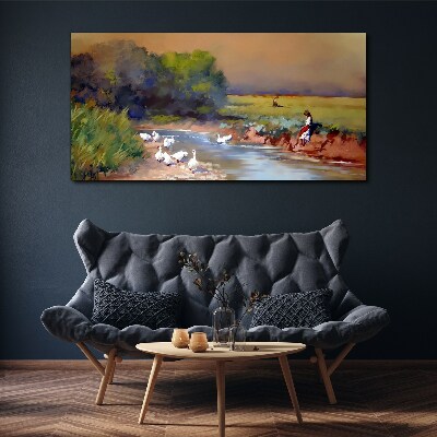 Foto auf leinwand Eine friedliche Landschaft mit Enten am Fluss