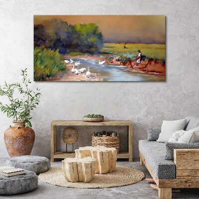 Foto auf leinwand Eine friedliche Landschaft mit Enten am Fluss