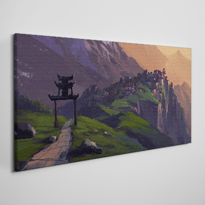 Bild auf leinwand Neblige Berglandschaft mit einer Pagode