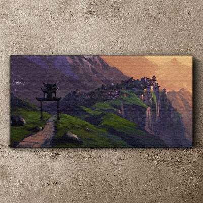 Bild auf leinwand Neblige Berglandschaft mit einer Pagode