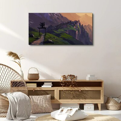 Bild auf leinwand Neblige Berglandschaft mit einer Pagode