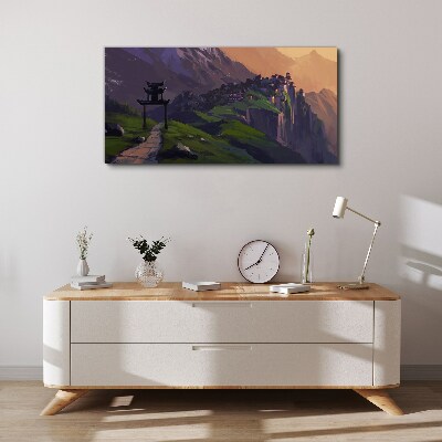 Bild auf leinwand Neblige Berglandschaft mit einer Pagode