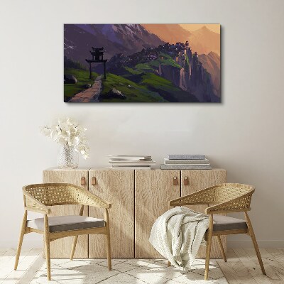 Bild auf leinwand Neblige Berglandschaft mit einer Pagode