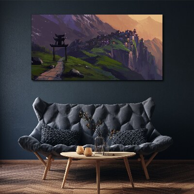 Bild auf leinwand Neblige Berglandschaft mit einer Pagode