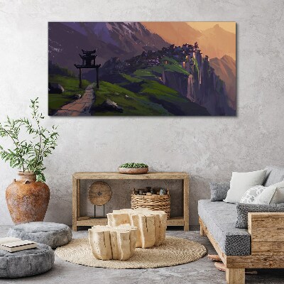 Bild auf leinwand Neblige Berglandschaft mit einer Pagode