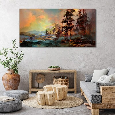 Foto auf leinwand Malerei Bäume Dorf Berge