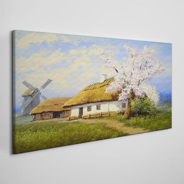 Foto auf leinwand Ländliche Landschaft mit einer Windmühle und Blumen