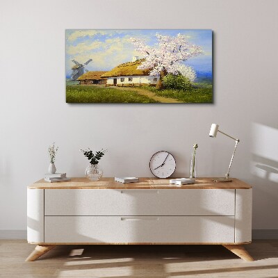 Foto auf leinwand Ländliche Landschaft mit einer Windmühle und Blumen