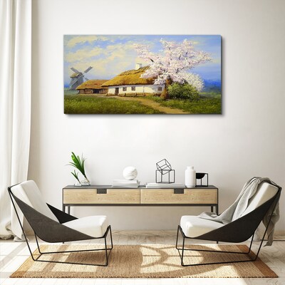 Foto auf leinwand Ländliche Landschaft mit einer Windmühle und Blumen