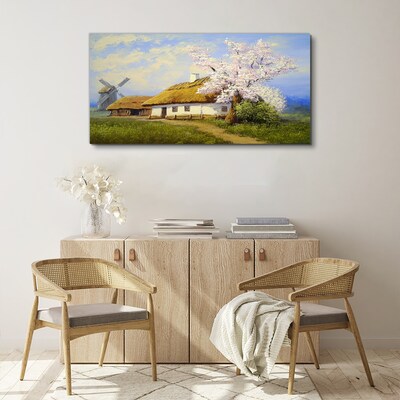 Foto auf leinwand Ländliche Landschaft mit einer Windmühle und Blumen
