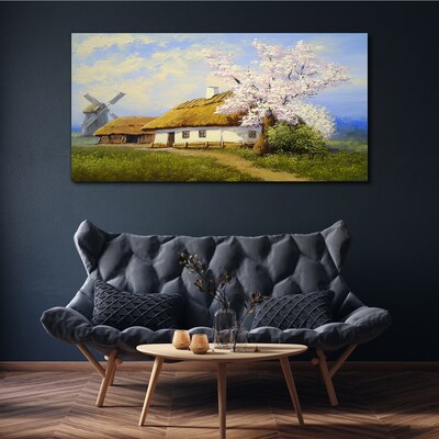 Foto auf leinwand Ländliche Landschaft mit einer Windmühle und Blumen