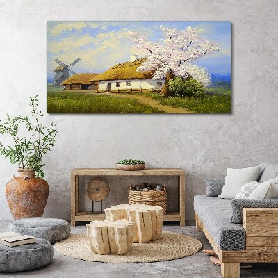 Foto auf leinwand Ländliche Landschaft mit einer Windmühle und Blumen