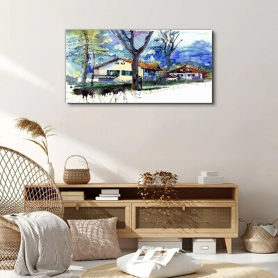 Foto leinwand Ländliche Landschaft in Aquarell