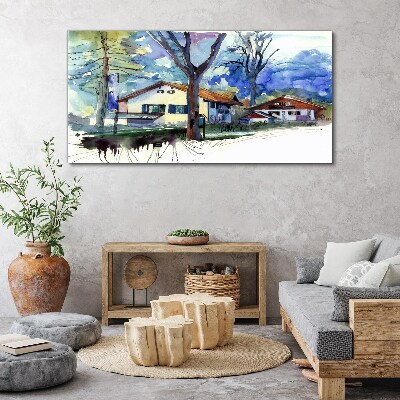 Foto leinwand Ländliche Landschaft in Aquarell