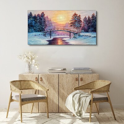 Foto auf leinwand Malerei Winterbäume Brücke