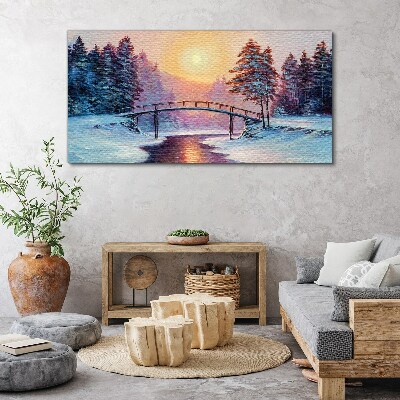 Foto auf leinwand Malerei Winterbäume Brücke