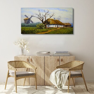 Foto auf leinwand Landschaft mit Windmühle