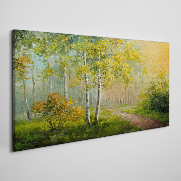 Foto auf leinwand Waldweg in goldenen Nebel