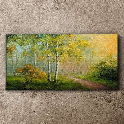 Foto auf leinwand Waldweg in goldenen Nebel