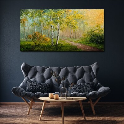Foto auf leinwand Waldweg in goldenen Nebel