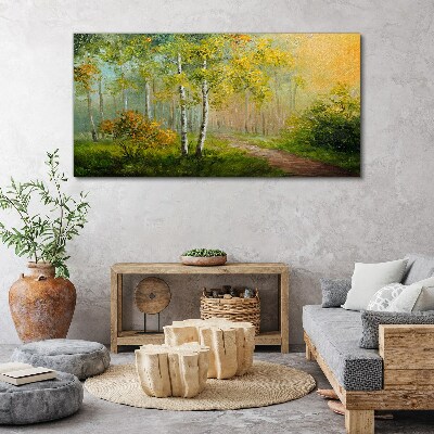 Foto auf leinwand Waldweg in goldenen Nebel