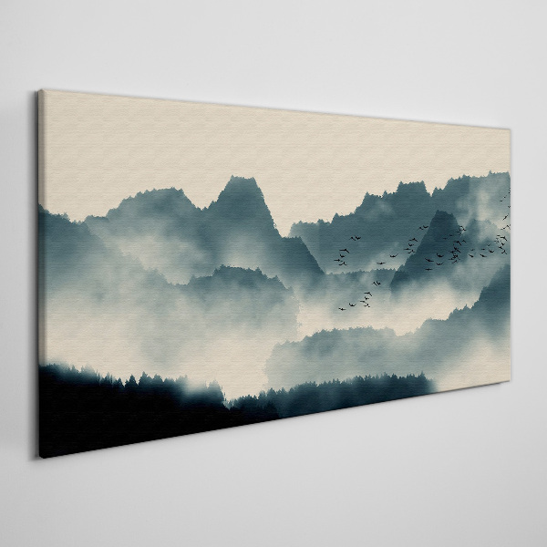 Foto auf leinwand Neblige Berglandschaft mit Vögeln