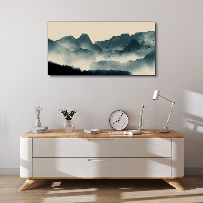 Foto auf leinwand Neblige Berglandschaft mit Vögeln