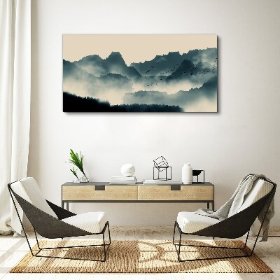 Foto auf leinwand Neblige Berglandschaft mit Vögeln