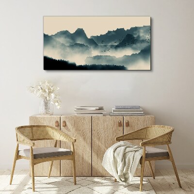 Foto auf leinwand Neblige Berglandschaft mit Vögeln