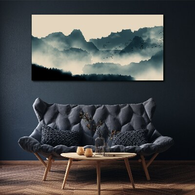 Foto auf leinwand Neblige Berglandschaft mit Vögeln