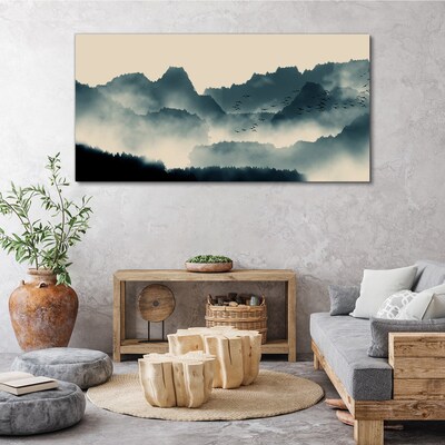 Foto auf leinwand Neblige Berglandschaft mit Vögeln