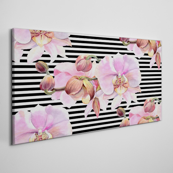 Foto auf leinwand Orchideen auf schwarzem Streifenhintergrund