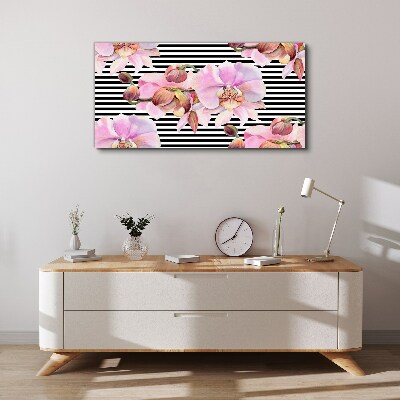 Foto auf leinwand Orchideen auf schwarzem Streifenhintergrund