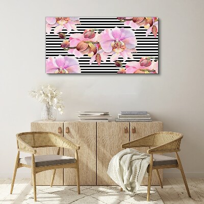 Foto auf leinwand Orchideen auf schwarzem Streifenhintergrund