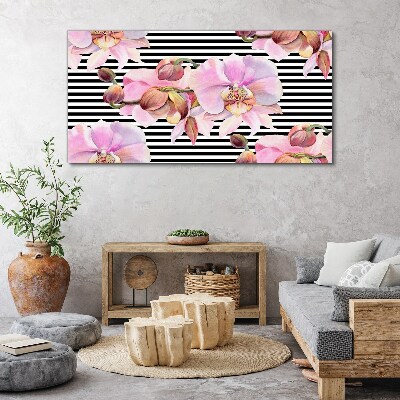 Foto auf leinwand Orchideen auf schwarzem Streifenhintergrund