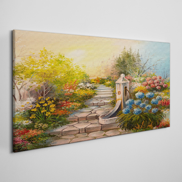 Foto leinwand Blumengarten mit Springbrunnen