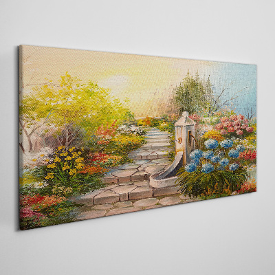 Foto leinwand Blumengarten mit Springbrunnen