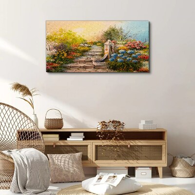 Foto leinwand Blumengarten mit Springbrunnen