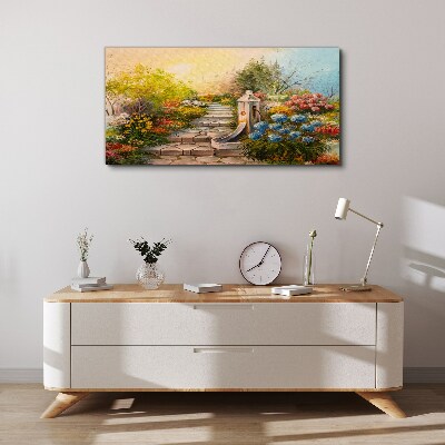 Foto leinwand Blumengarten mit Springbrunnen
