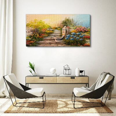 Foto leinwand Blumengarten mit Springbrunnen